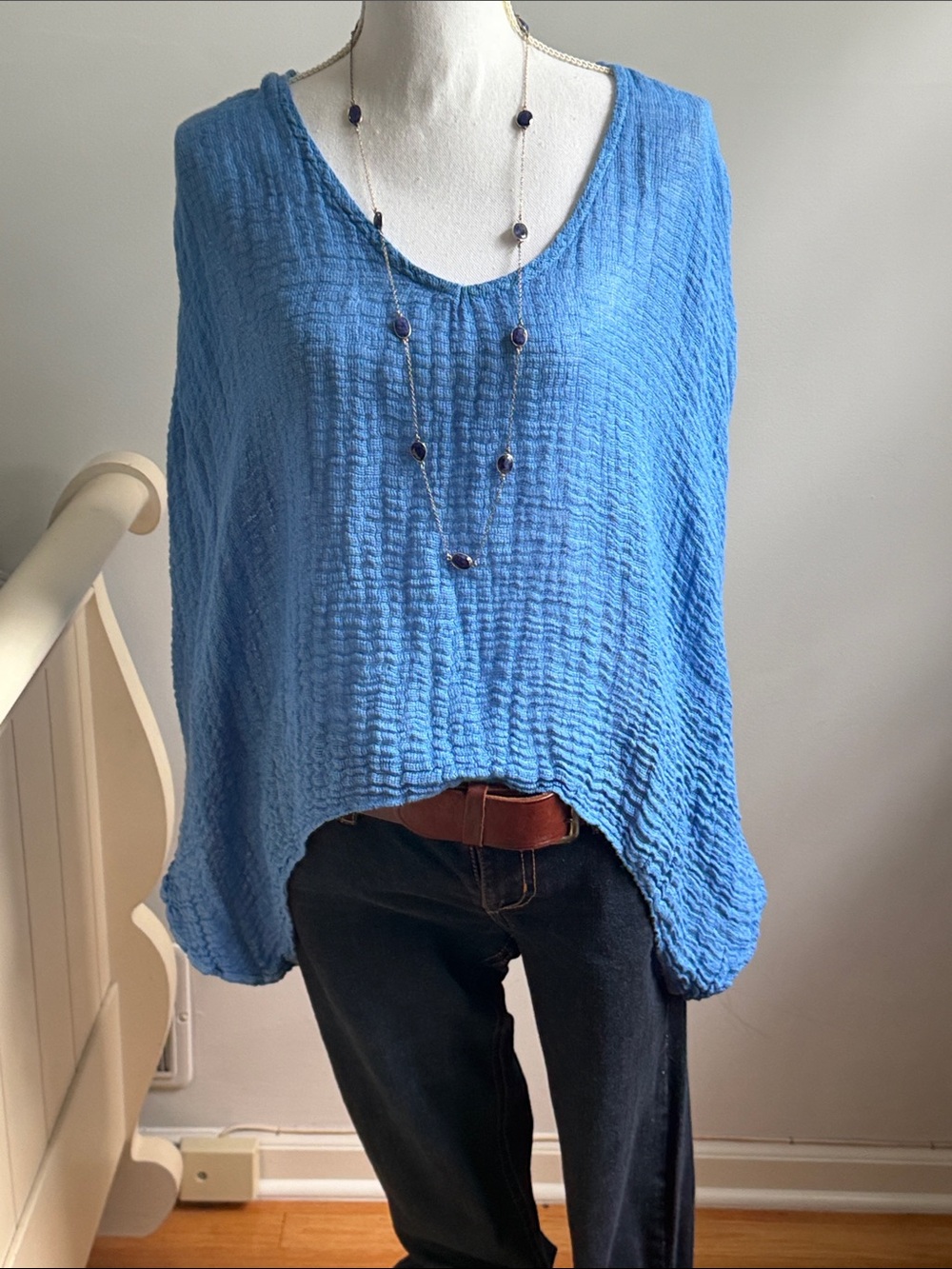 Sunday  Lightweight Sky Blue Textured Women's Top linen